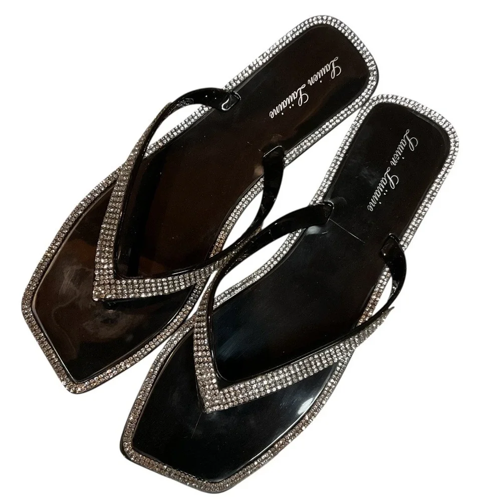 Lauren Lorraine Tampa Rhinestone Flip Flops Jelly Thong Sandals Black Size 6 NWB